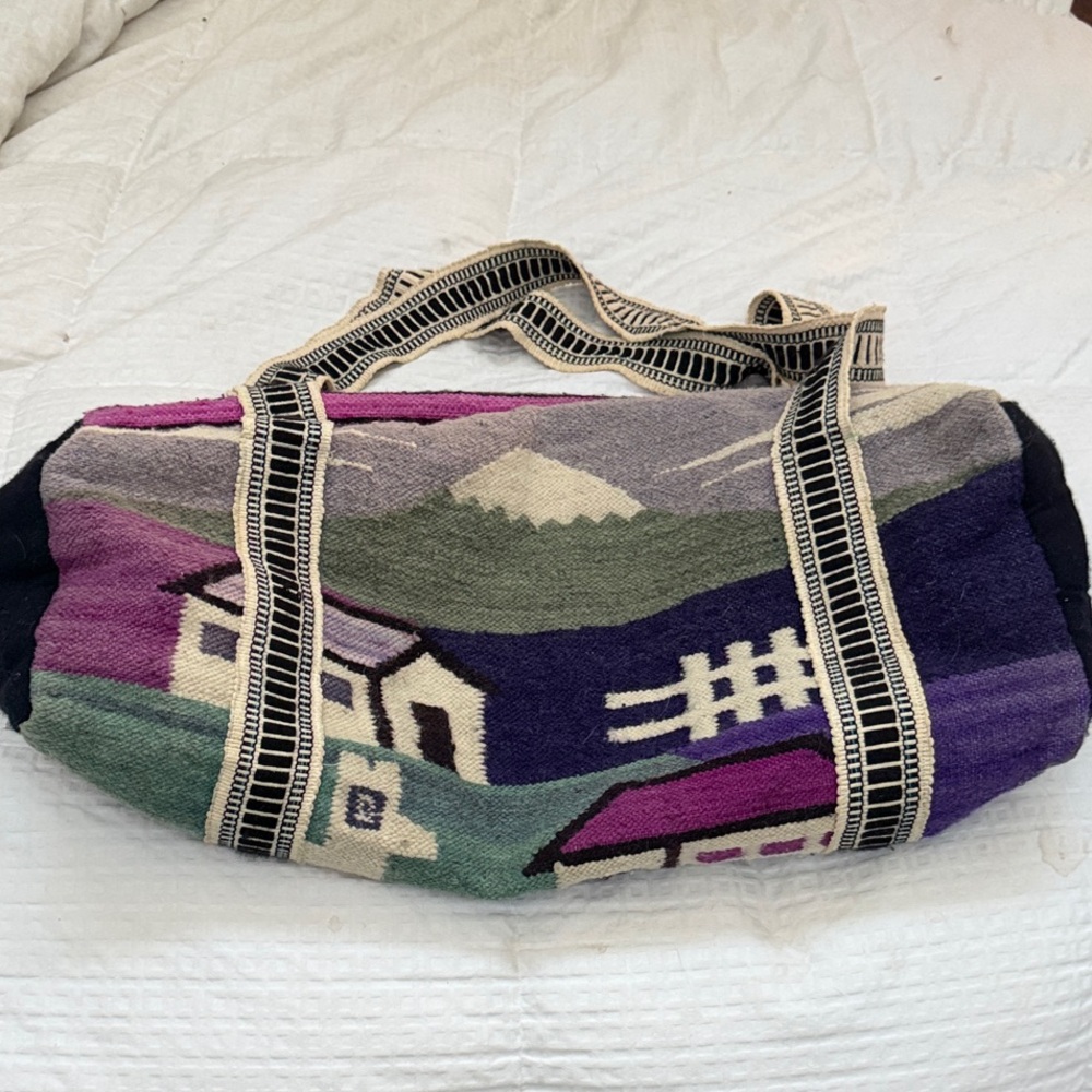 Lg Alpaca Handwoven Scenic Multicolor Weekend Wool Carry Bag Pink Purple Grey